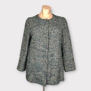 Talbots Womens Plus Italian Tweed Boucle Long Jacket Blue Tan Snap Front size 20